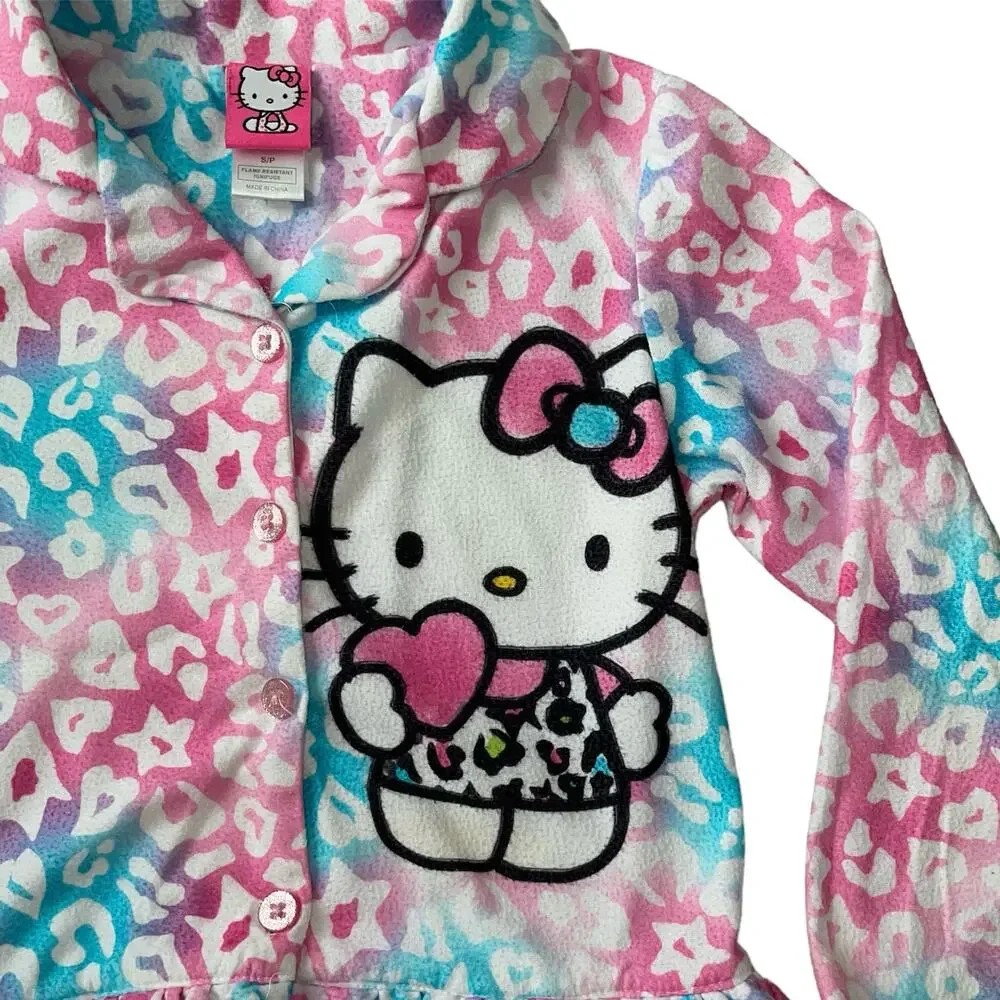 Girls S Hello Kitty Rainbow Pink Blue Long Sleeve Ruffle Pants Fleece Pajama Set